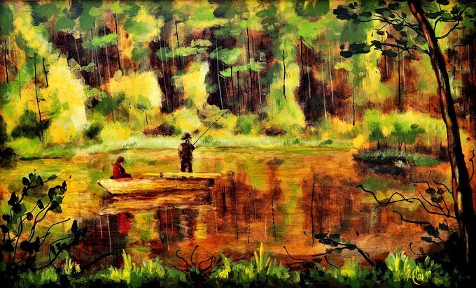 Original oil painting of an evening fishing